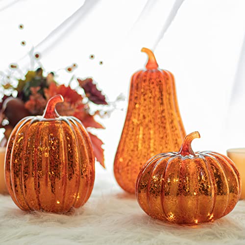 Set of 3 Glass Pumpkin Lights with Timer - Fall Halloween Thanksgiving Decor