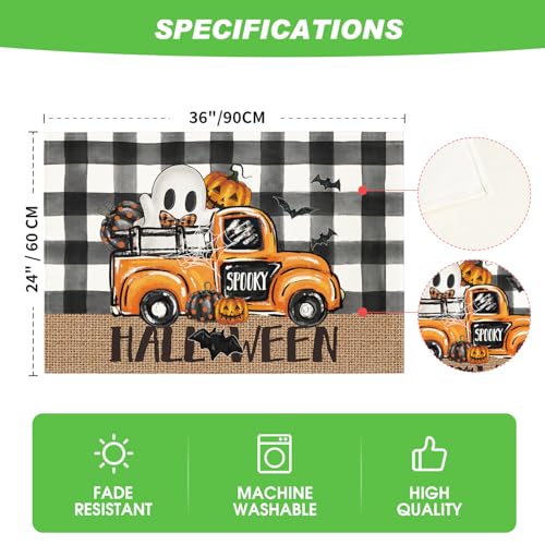 Ghost Truck Halloween Placemats - 24x36 Inch Rectangular Table Mats for Kitchen & Dining, Black & Beige