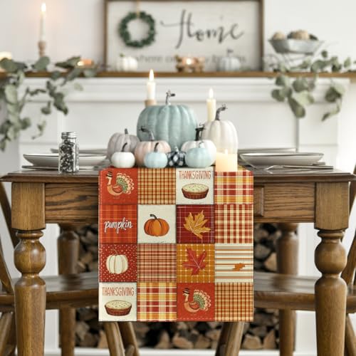 Buffalo Plaid Pumpkins & Turkey Thanksgiving Table Runner - 13 x 90 Inch Orange