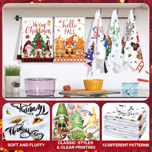Seasonal Kitchen Towels Set - 12 Bright Gnome Designs for All Holidays