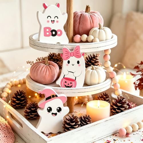 Pink Ghost Halloween Decor - 3 Pcs Wooden Table Centerpieces, Tiered Tray Signs