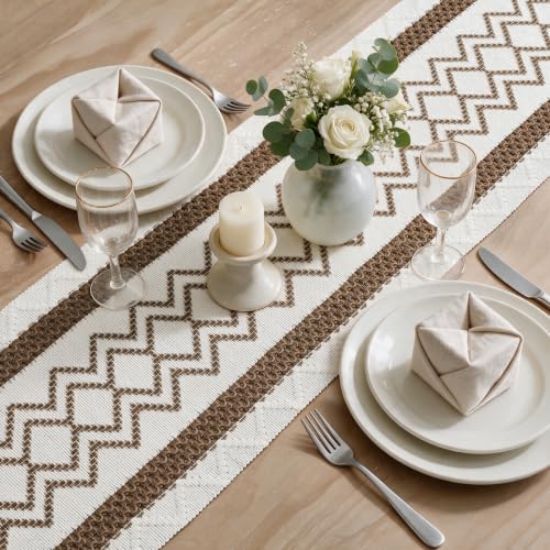 12x72 Inch Coffee Stripe Diamond Woven Table Runner - Light Coffee