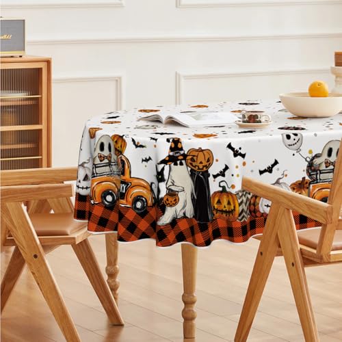 Halloween Oval Tablecloth 60 x 84 Inches Buffalo Plaid Pumpkin Orange