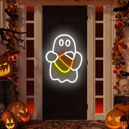 Halloween Neon Sign Dimmable Candy Corn Ghost Wall Decor - White Yellow Variation
