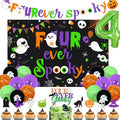 Halloween 4th Birthday Party Decoration Set - Purple Green Four Ever Spooky Backdrop Banner Cake Toppers