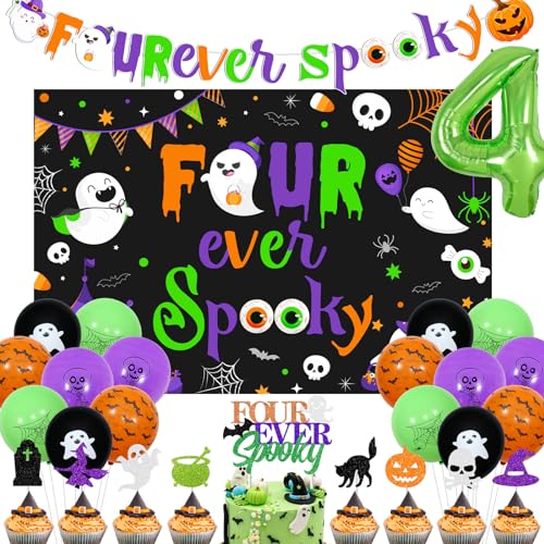 Halloween 4th Birthday Party Decoration Set - Purple Green Four Ever Spooky Backdrop Banner Cake Toppers