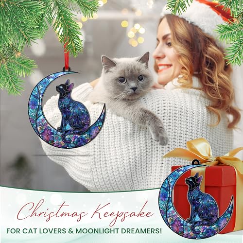 Blue Cat Moon Christmas Ornament - 2D Flat Acrylic Holiday Tree Decoration