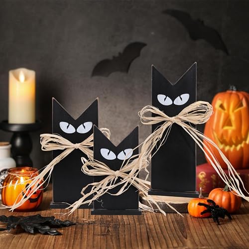 Set of 3 Rustic Wooden Black Cat Halloween Decor – Tiered Tray Farmhouse Accents