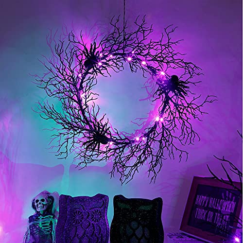Adroiteet 24-inch Halloween Wreath with LED Lights, Spiders & Glitter Finish - Front Door & Outdoor Decor - Variation 1