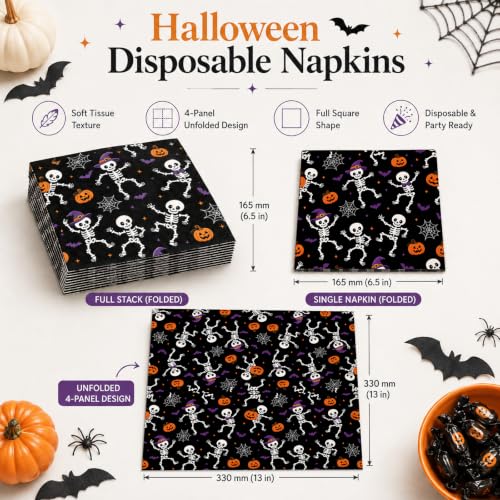 Halloween Paper Napkins Dancing Skeleton Skull Design 50 Pcs - Skull & Pumpkin Variation
