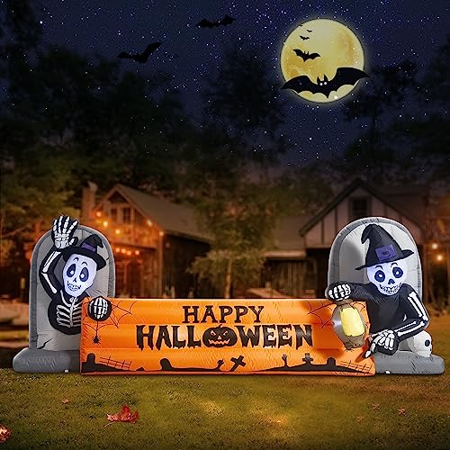 10FT Halloween Inflatable Skeleton Tombstone Banner with LED Lights Yard Decor