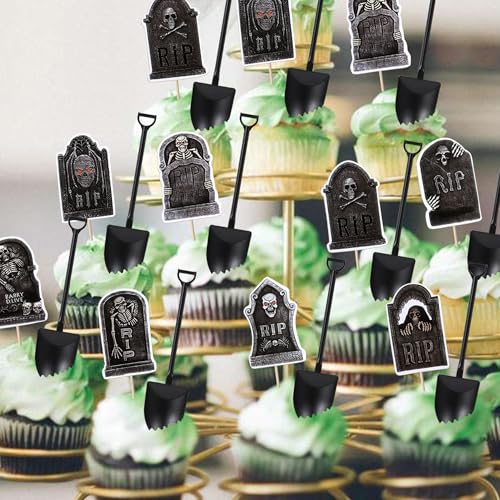 Halloween Cupcake Toppers & Mini Shovel Spoons Set - 23 Variation, 48 pcs