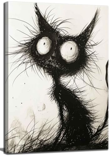 Black Cat Canvas Wall Art - Gothic Spooky Feline Painting for Halloween Decor - Wrapped 24"L x 16"W