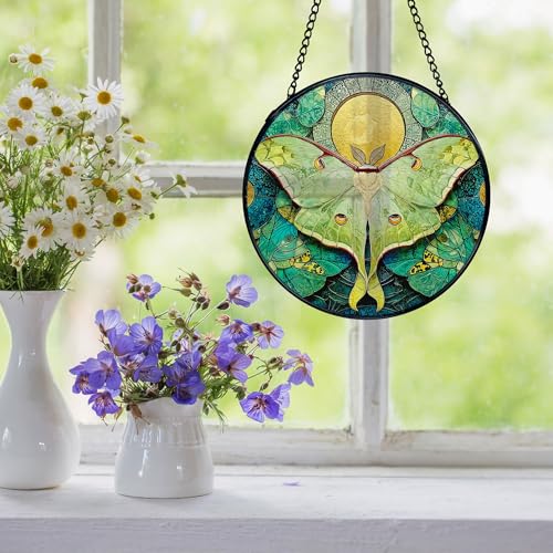 Green Luna Moth Suncatcher Stained Glass Window Hanging - Wall Art Decor, 7.9 Inch