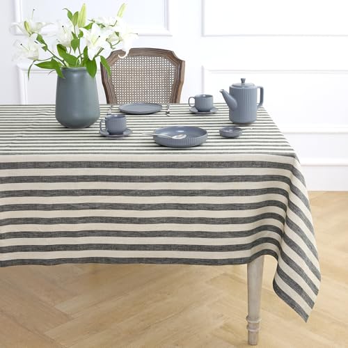 Black & Natural Linen Tablecloth 60 x 90 Inches Sorrento Stripe - Handcrafted European Flax