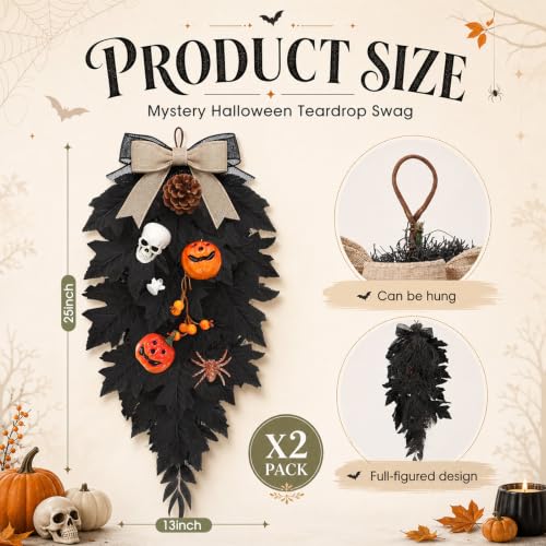Halloween Black Teardrop Swags - 2 Pack Spooky Pumpkin Ghost Decor with Variation