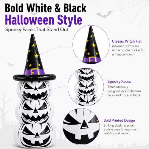 Inflatable Halloween Pumpkin Decoration - 67 Inch White Jack O Lantern Yard Decor with Witch Hat for Outdoor Lawn Porch Garden