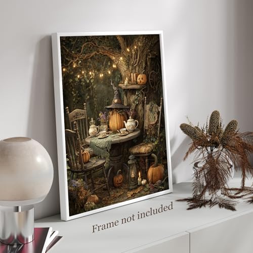 Unframed Vintage Fall Wall Art Pumpkin Witch Tea Party Canvas 11x14in