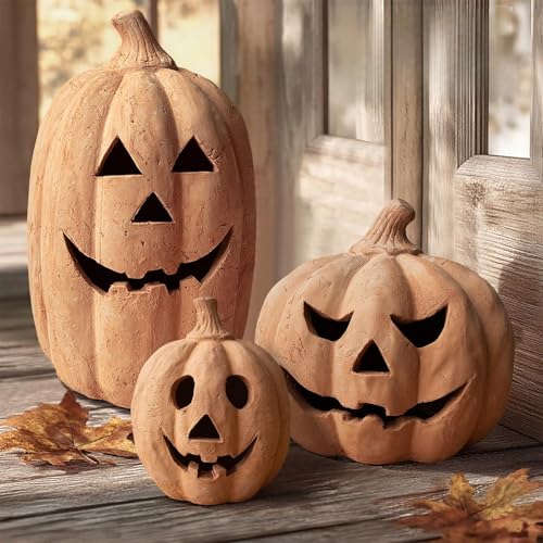 Medium Handmade Terracotta Jack-O'-Lantern Pumpkin Halloween Decor - 11"