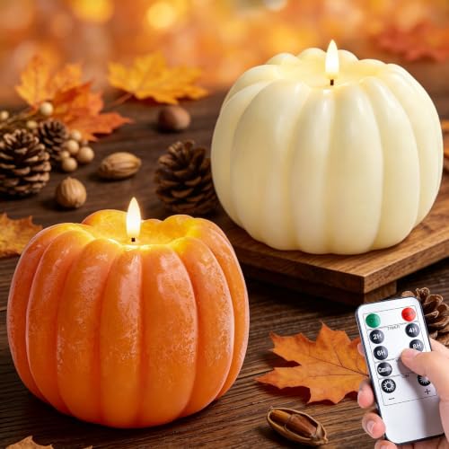 Large Flameless Pumpkin Candle - Fall Decor with Remote Control - Orange & White - ARIKJ