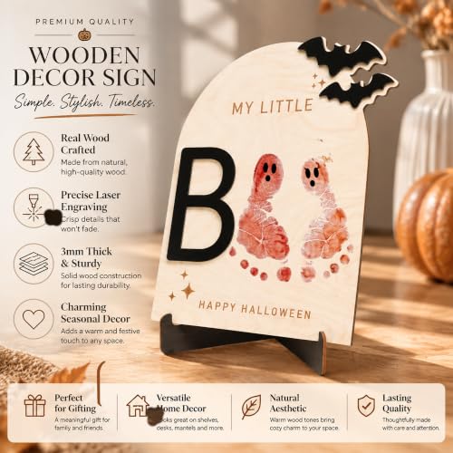 First Halloween Footprint Keepsake Sign - Baby Boo Wooden Decor - Wood Brown
