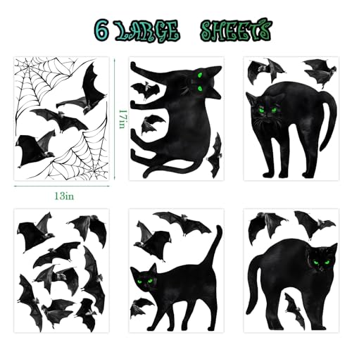 Halloween Window Clings Decor Set - 6 Large Silhouette Bats Cats Spiders