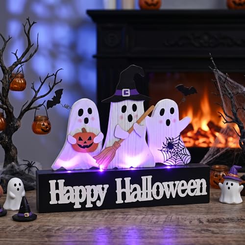 Large Halloween Ghost Decor with Purple LED Lights - Tabletop Sign with Witch Hat Broom Bats Jack O Lantern, Indoor Home Party Halloween Decoration