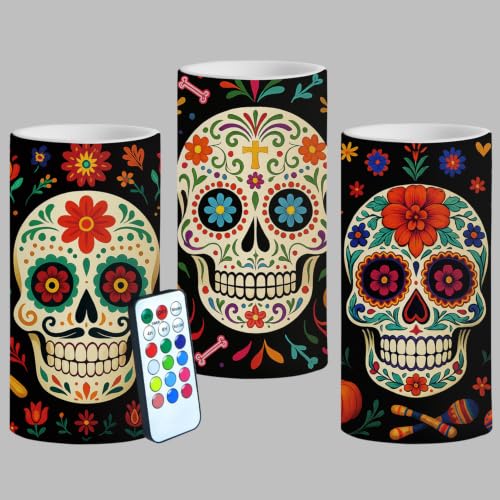 Dia De Los Muertos Flameless Candles Set with Remote Timer - 3 Pack - Variation of THIS listing