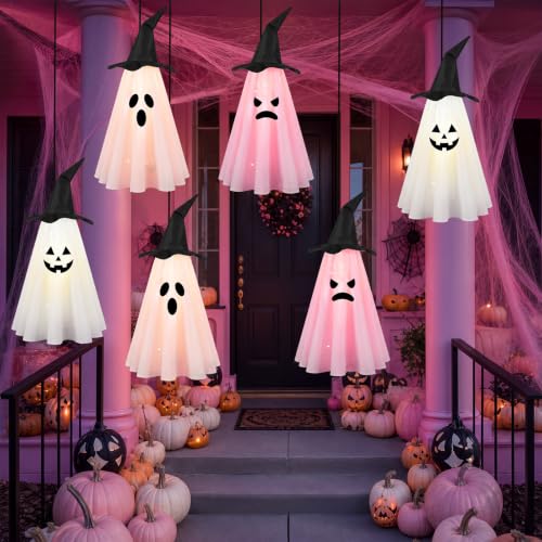 Pink Halloween Ghost Decorations Set - Outdoor Hanging LED Ghosts for Yard & Party