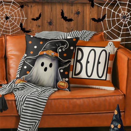 20x20 Inch Halloween Ghost Pumpkin Witch Hat Throw Pillow Covers Set of 4 - Spooky Jack O Lantern Decor
