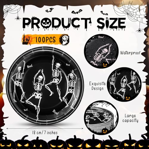 Halloween Skeleton Paper Plates - Black 7 Inch, Pack of 100 - Festive Disposable Tableware