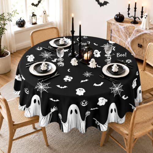 Black Spooky Ghost Halloween Round Tablecloth 60 Inch Washable Microfiber