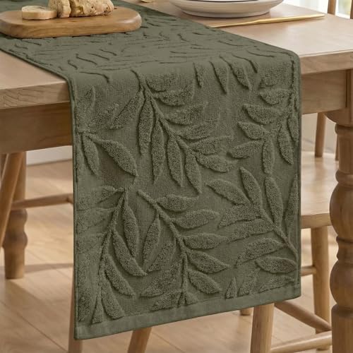 Olive Green Cotton Table Runner 13x72 Inch Jacquard Leaves Home Decor