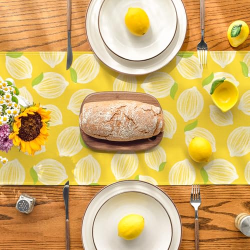 Yellow Leaves Lemon Summer Table Runner 13x36 Inch - Seasonal Kitchen Dining Decor