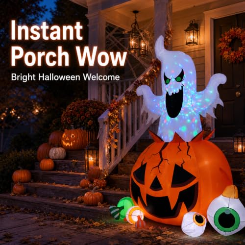 8FT Halloween Inflatable Ghost and Pumpkin Yard Decor with Colorful LED Lights