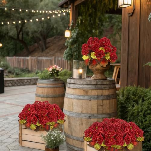 Fall Flowers Artificial Geraniums Set - Red Autumn Faux Decor, 2 Pcs
