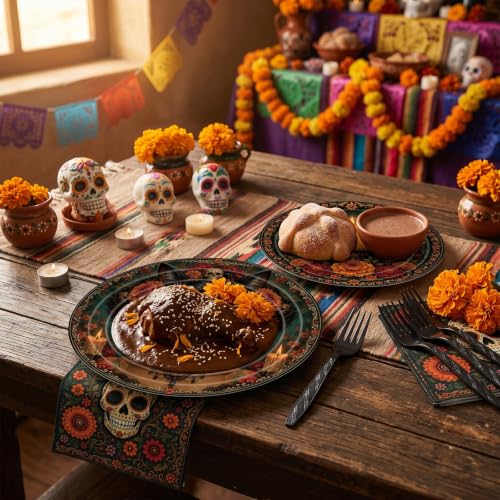 Mexican Fiesta Party Supplies Set for 24 - Skull & Marigold Theme Disposable Dinnerware