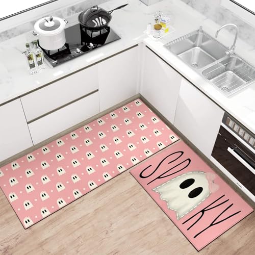 Halloween Kitchen Mat Set of 2 Polka Dots Spooky Ghost Floor Rugs Non-Slip Washable Home Decor 2026
