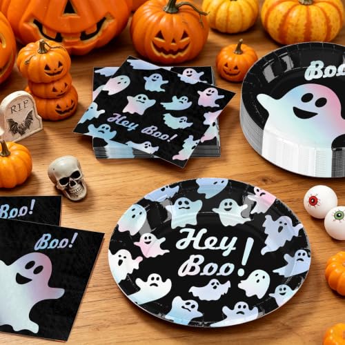 Halloween Paper Plates and Napkins Party Supplies - Dazzling Ghost Design, Serves 60