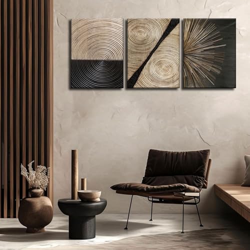 3Pcs Abstract Canvas Wall Art Set - Wood Grain, Black and Gold Lines, 12x16in - Modern Home Decor