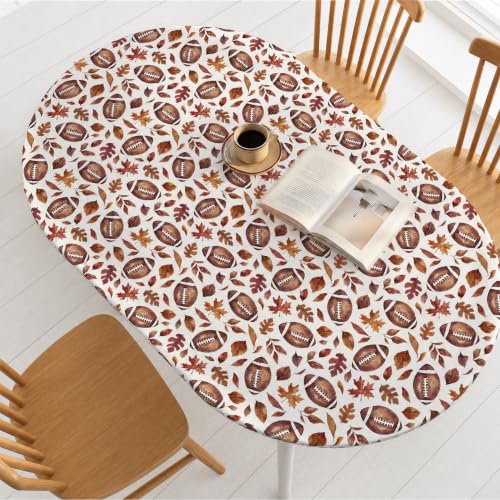 Fall Fitted Tablecloth for 64x44 Inch Oval Table - Brown Leaf Football Design - Caramel Variation