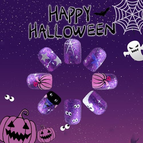 Halloween Press on Nails Short Square Fake Nails with Pumpkin Spider Web Ghost Bat Designs Purple Glitter - Variation 2