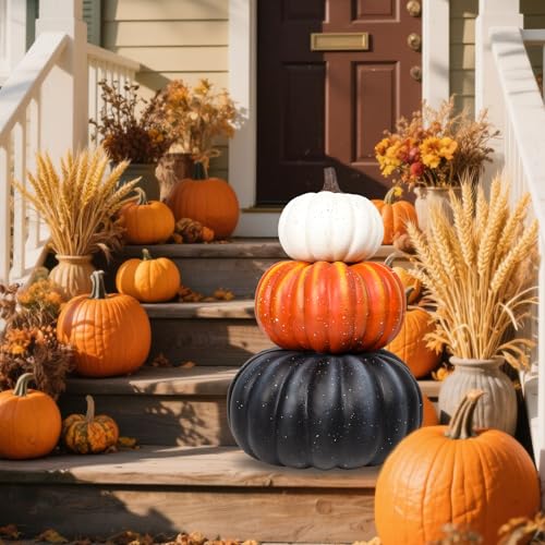 Large Faux Pumpkins Stack 23 Inch Fall Halloween Porch Decor - 3-Tier Pumpkin Arrangement
