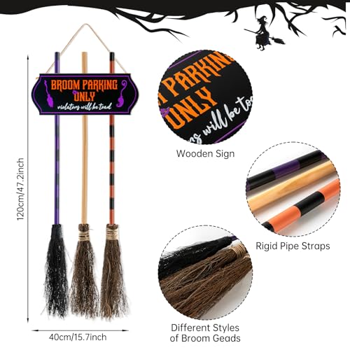 Halloween Broom Parking Sign with 3 Wooden Witch Brooms - Spooky Outdoor Decor