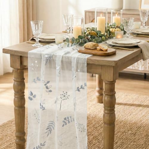 10FT White Silver Floral Leaves Gauze Table Runner - Wedding Party Decor