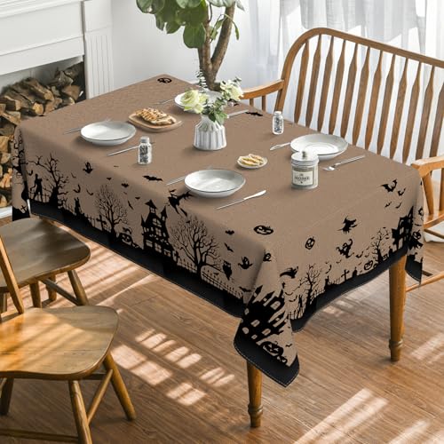 Halloween Tablecloth 60 x 84 Inch Rectangular Castle Tree Scary Beige - Horaldaily