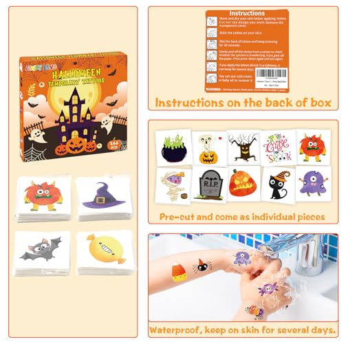 Halloween Temporary Tattoos for Kids - 144 Pack with 72 Unique Designs