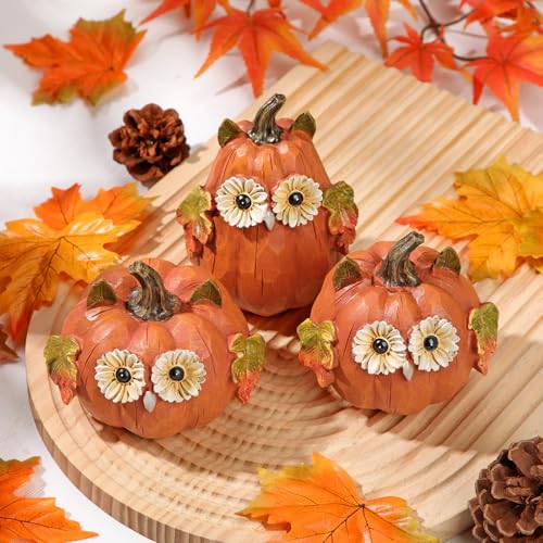 Fall Pumpkin Decor Small Fake Pumpkins with Owl Face - Orange Resin Set of 3