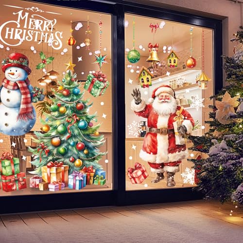 Christmas Window Clings Set - 4 Sheets Large Santa Snowman Holiday Decals for Glass & Mirrors