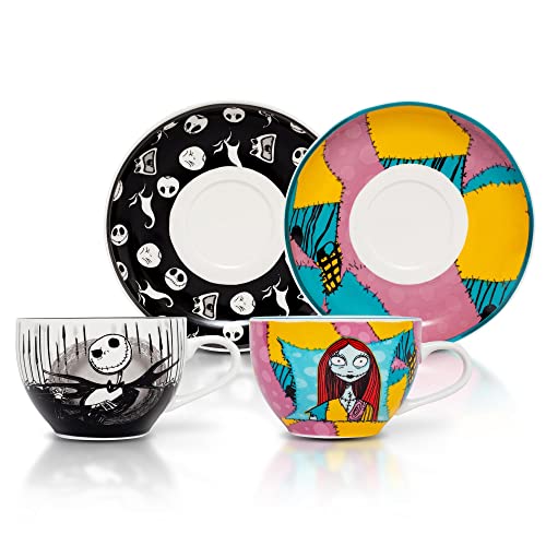 Nightmare Before Christmas Ceramic Tea Cup Set with Jack and Sally – 6.7 Ounces, 4-Piece Set